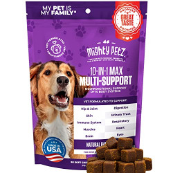 Mighty Petz MAX Dog Multivitamin + Probiotics + Glucosamine Chondroitin + Fish Oil + 15 More! Adult & Senior Dog Supplement Vitamins Chews to Support Hip & Joint, Skin + Coat, Digestion & Immunity