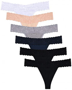 Pack of 6 Women'sThin Lace Hollowed Out T Back Low Waist Ice Silk Sexy Cheeky Thong See Through Panties (Multi, X-Small)