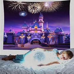 HIYOO Home Disney Castle Tapestry Wall Hanging, Fairy Tale Fairyland Wall Tapestries Disneyland Fireworks Night Wall Decor for Children Kids Baby Dorm, Bedroom, Birthday Party Background 60 W x 40 L