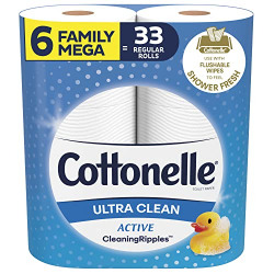 Cottonelle Ultra Clean Toilet Paper with Active CleaningRipples Texture, Strong Bath Tissue, 6 Family Mega Rolls (6 Family Mega Rolls = 33 Regular Rolls), 388 Sheets per Roll (Packaging May Vary)