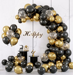 RUBFAC Black and Gold Balloons Garland Arch Kit with Black Gold Confetti Balloons for Graduation Birthday Party Decorations