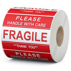 AveneMark Fragile Stickers, 500 Labels, Warning Thank You Labels Stickers for Shipping|Moving|Packing 2  x 3  Handle with Care Label, Permanent Adhesive (Red, 1 Roll)