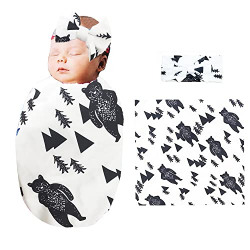 QTECLOR Newborn Receiving Blanket Headband Set - Unisex Soft Baby Swaddle Girl Boy Gifts (A-Bear)