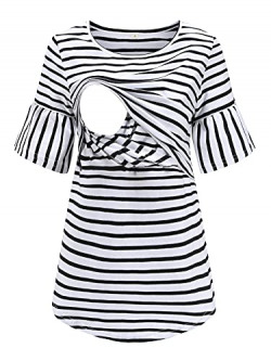 Love2Mi Maternity Nursing Tops Short Bell Sleeve Shirts Casual Breastfeeding Shirts(White Black Stripe,M)