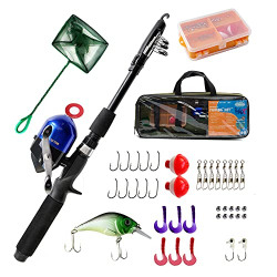 Kids Fishing Pole Spincast Youth Fishing Pole Tackle Box - with Net,Travel Bag,Rod and Reel Kit for Boys and Girls, Youth or Beginners(Black)