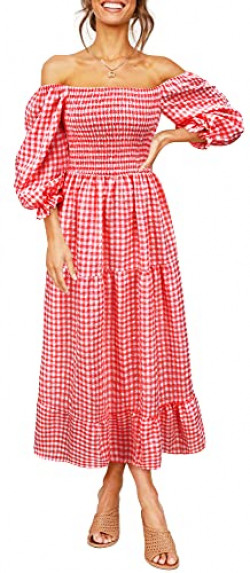 UIMLK Women's Boho Flowy Cottagecore Puff Sleeve Off The Shoulder Summer Casual Plaid Ruffle Midi Long Dress,Red-S