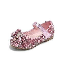 Girls Wedding Shoes Flower Princess Dress Shoes Sparkle Glitter Pink 3 M Little Kid Mary Jane Shoes for Girls Hook and Loop Ballet Flats Bow-Knot
