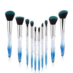 Yuwaku Makeup Brushes - 10pcs Premium Synthetic Foundation Blending Blush Powder Eyeshadow Brush Set Blue Transparent Crystal Handle Cute Make Up Tools