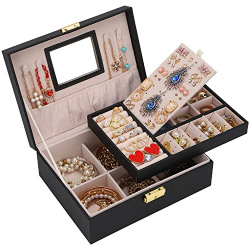 Jewelry Organizer, Black Jewelry Box women, PU Leather Velvet Display Jewelry Holder with Removable Tray for Rings, Necklaces, Earrings, Bracelets, Watches