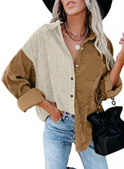Happy Sailed Womens Vintage Corduroy Shirts Stylish Color Block Long Sleeve Button Down Blouses Tops Fall Jackets Outfits Brown Small