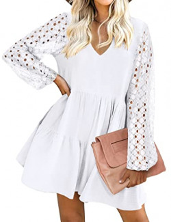 Hotouch Casual Lace Balloon Sleeve A Line Dress for Women Swing Short Ruffle Sundress White S