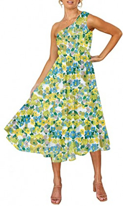 DEEP SELF Women Summer Boho Maxi Dress One Shoulder Sleeveless Ruffled Hem Flowy Swing Smocked Beach Long Dress Yellow Blue