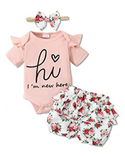 Baby Girl Clothes,3PCS Ruffled Jumpsuit Tops + Floral Trousers + Floral Headband,Infant Toddler Baby Girl Suit