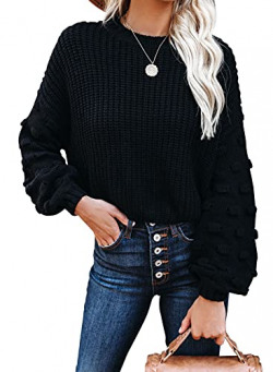 CFLONGE Womens Crew Neck Pom Pom Sleeve Chunky Knit Pullover Sweater Oversized Batwing Sleeve Loose Fall Winter Jumper Tops (Black, X-Large)