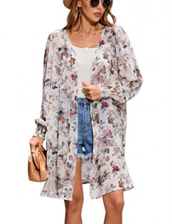 MISSKY Womens Puff Sleeve Open Front Cardigan Floral Print Beach Cover Ups Knee Length Swimwear Summer Kimonos Casual Chiffon Blouse White L