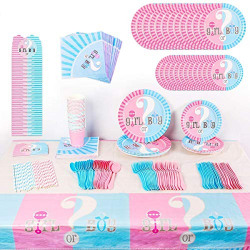 Gender Reveal Party Supplies Tableware Set - For 32 Guest, Gender Reveal Decorations, Baby Gender Reveal With Flatware, Spoons, Plates, Cups, Straws, Napkins, Invitation Card, Tablecloth for Girl Or Boy