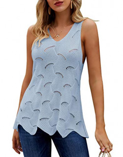 Ybenlow Womens Summer Knit Tank Tops V Neck Sleeveless Hollow Shirts Casual Loose Vest Blouse Tops Light Blue