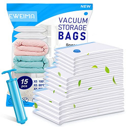 15 Packs Vacuum Storage Bags (5 Jumbo/5 Large/5 Small) - EWEIMA Space Saver Vacuum Storage Bags with Free Hand Pump, Compression Storage Bags for Clothes Comforters Blankets Beddings
