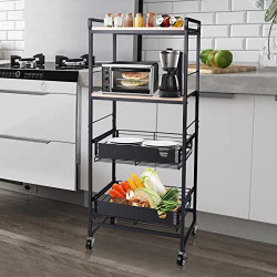 Microwave Stand 4 Tier Rolling Utility Cart with Wheels Microwave Cart Organizer Kitchen Baker's Rack Storage Shelf with Metal Frame and Wood Look for Living Room Bathroom Kitchen Black