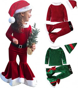Toddler Girls Christmas Santa Claus Costume Set 3Pcs Long Sleeve Tops Bell Bottom Velvet Pants Cosplay Outfits