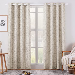 HOMEIDEAS Natural/Beige Room Darkening Curtains Textured 52 X 84 Inch 2 Panels Linen Leaf Jacquard Pattern Grommet Bedroom Curtains, Thermal Insulated Light Filtering Window Curtains for Living Room