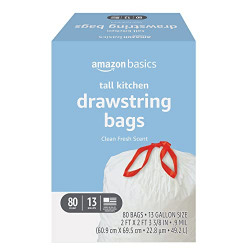 Amazon Basics Tall Kitchen Drawstring Trash Bags, Clean Fresh Scent, 13 Gallon, 80 Count (Previously Solimo)
