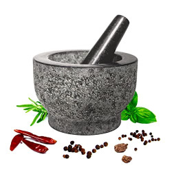 HiCoup Mortar and Pestle Set - 6 Inch Granite, Large Molcajete Bowl with Stone Grinder - Spice, Herb and Avocado Masher for Guacamole, Salsa and Pesto - Holds 2 Cups