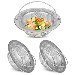 Sunacy 3 Pcs Kitchen Sink Strainer, Kitchen Sink Drain Basket with Handle, Stainless Steel Mesh Sink Strainer with Large Wide Rim 4.5  Diameter, Suitable for Most Sink Drains and Dishwasher Safe