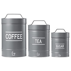 Hyggeism Kitchen Canisters with Airtight Lids, Set of 3 Jars Coffee Sugar Tea, Vintage Rustic Farmhouse Decor, Grey