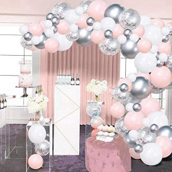 Silver Pink Birthday Party Balloon Decorations, 78 Pack White and Silver Confetti Metallic Balloon Set for Wedding Birthday Girl Baby Shower Decorations DIY Decorations