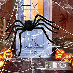 HOPOCO Halloween 200  Spider Web + 59  Giant Plush Spider Decorations with Red Eyes + 20 Plastic Spiders+ 20g Stretch Spider Web for Indoor Outdoor Halloween Decorations for Party Porch Dcor