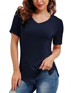 HANYOUNG Womens Summer Tops Short Sleeve V Neck Casual Loose T Shirts Solid Tunic Navy Blue