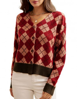 Women Lantern Sleeve Lightweight Cardigan Red Plaid Short Cover Up Warm Winter S