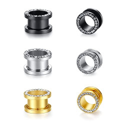 WYR Unisex Women and Men 6pcs/3pairs Hollow Gold/Silver/Black Color Stainless Steel with Clear Zircon Screw Ear Plugs Tunnels - Ear Expander Ear Gauges Stretcher Body Piercing Jewelry 9/16 (14mm)