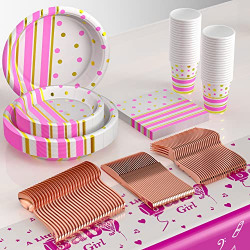 Pink and Golden Dot Disposable Party Dinnerware Sets for 20 Guest -with Paper Plates, Napkins, 9oz Cups, Plastic Silverware( Forks, Knives, Spoon), Tablecloths -Party Supplies for Birthday Decoration