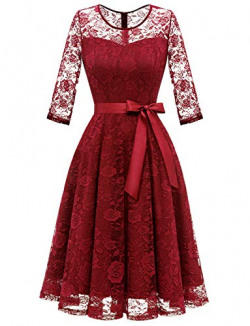 Dressystar 0017 Elegant Floral Lace Dress 3/4 Sleeves Bridesmaid Midi Dresses Illusion Neckline L Dark Red