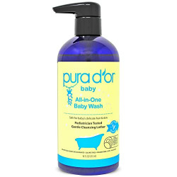 PURA D'OR All-in-One Baby Wash (16oz / 473ml) USDA Biobased, Zero Sulfates, No Artificial Scents, Tear-Less, Hypoallergenic, Gentle, Calming 2-in-1 Baby Bath Wash & Shampoo (Packaging may vary)