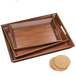 BAMEOS Serving Tray with Handles Set of 3 Wood Nesting Bed Tray with 3 Coasters Food Couch Tray Works for Eating,Working,Storing,Dcor, Used in Bedroom, Kitchen, Living Room, Bathroom