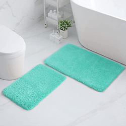 Buganda Microfiber Bathroom Rugs Set 2 Pieces - Shaggy Soft Thick Bath Mat, Non-Slip Machine Wash/Dry Absorbent Shower Bathroom Rugs and Mats Sets for Bathroom(17 x24 +17 x24 , Teal)