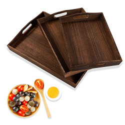 HEITICUP Wooden Serving Trays-Three Piece Set of Rectangular Shape Wood Coffee Table with Cut Out Handles, Kitchen Nesting Trays for Eating, Serving Pastries, Snacks, Mini Bars, Party