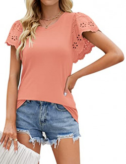 T Shirts for Women Lace Short Ruffle Sleeve Loose Casual Summer Tshirts Tunic Blouses Tee Coral Pink XL