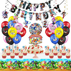 SUIEIN 99Pcs Sonic Birthday Party Supplies Set, 12 inch Balloons, Cupcake, Cake Topper, Tablecloth, Hanging Swirls, Stickers, Happy Banner for Themed Decorations (1)
