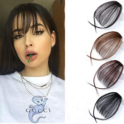 Outela us 2pcs Women Bangs Wig, Natural Forehead Invisible Seamless Air Bangs Hairpieces Fashion Clip-on Wig Piece (Dark Brown