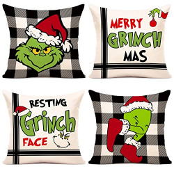 Christmas Pillow Covers 16x16 Set of 4 for Grinch Christmas Decorations Christmas Pillows Xmas Farmhouse Decor Throw Pillow Covers for Porch Decor,Couch ,Bed