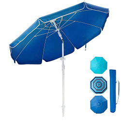 PATIOMNI Beach Umbrella 6.5ft Portable Outdoor Umbrellas with Carry Bag Sand Anchor Push Button Tilt Pole UPF50+ UV Protection Windproof Sunshade Parasol for Beach(Blue)