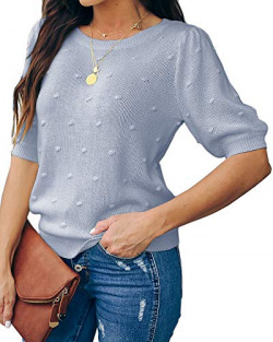 Foshow Womens Summer Puff Short Sleeve Sweaters Crew Neck Pullover Tops Dot Loose Lightweight Knit Blouse Shirt Blue