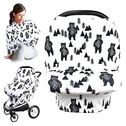 Baby Car Seat Cover for Boys Girls, Stretchy Infant Carseat Canopy, Soft Breathable Nursing Breastfeeding Cover, 4 in 1 Newborn Carrier/Stroller/Shopping Cart/High Chair Covers, Woodland Bear