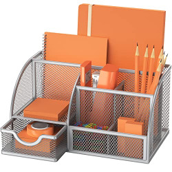FURNINXS Mesh Desk Organizer with 7 Compartments, Office Desktop Supplies with Drawer, Metal Stationary Organizer Desk Caddy Pencil Holder, Silver
