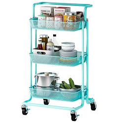PUSDON 3-Tier Blue Rolling Utility Cart, Metal Mesh Trolley Service Cart with Locking Wheels and Removable Handles, Heavy Duty Organizer Storage Cart for Office Bar Kitchen Bathroom Living Room Use
