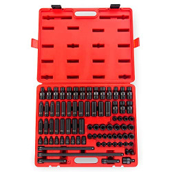 Sunex 3580, 3/8 Inch Drive Master Impact Socket Set, 80 Piece, SAE/Metric, 5/16 Inch - 3/4 Inch, 8mm - 19mm, Standard/Deep/Universal, Cr-Mo, Radius Corner, Chamfered Opening, Dual Size Markings, Heavy Duty Storage Case, Includes Star and Inverted Star Soc